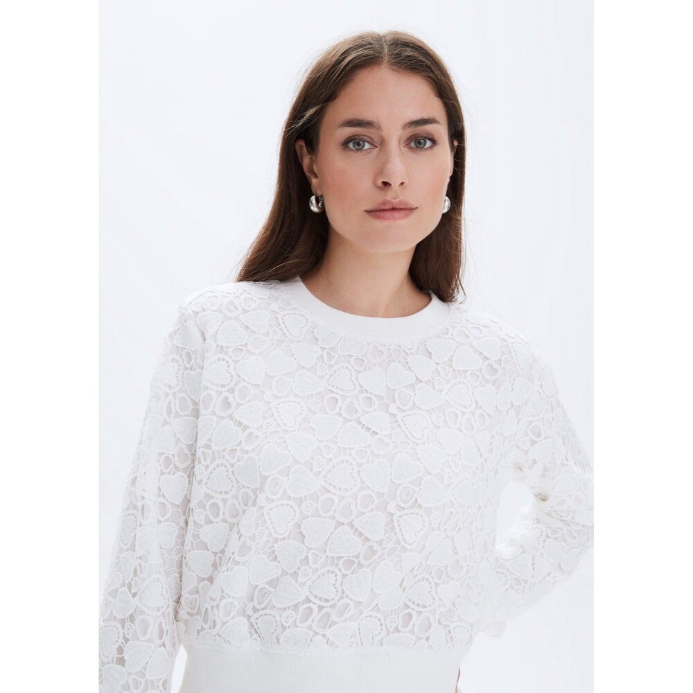 CHRLDR All Over Heart Crochet Lace Round Neck Sweatshirt Women Size S White
